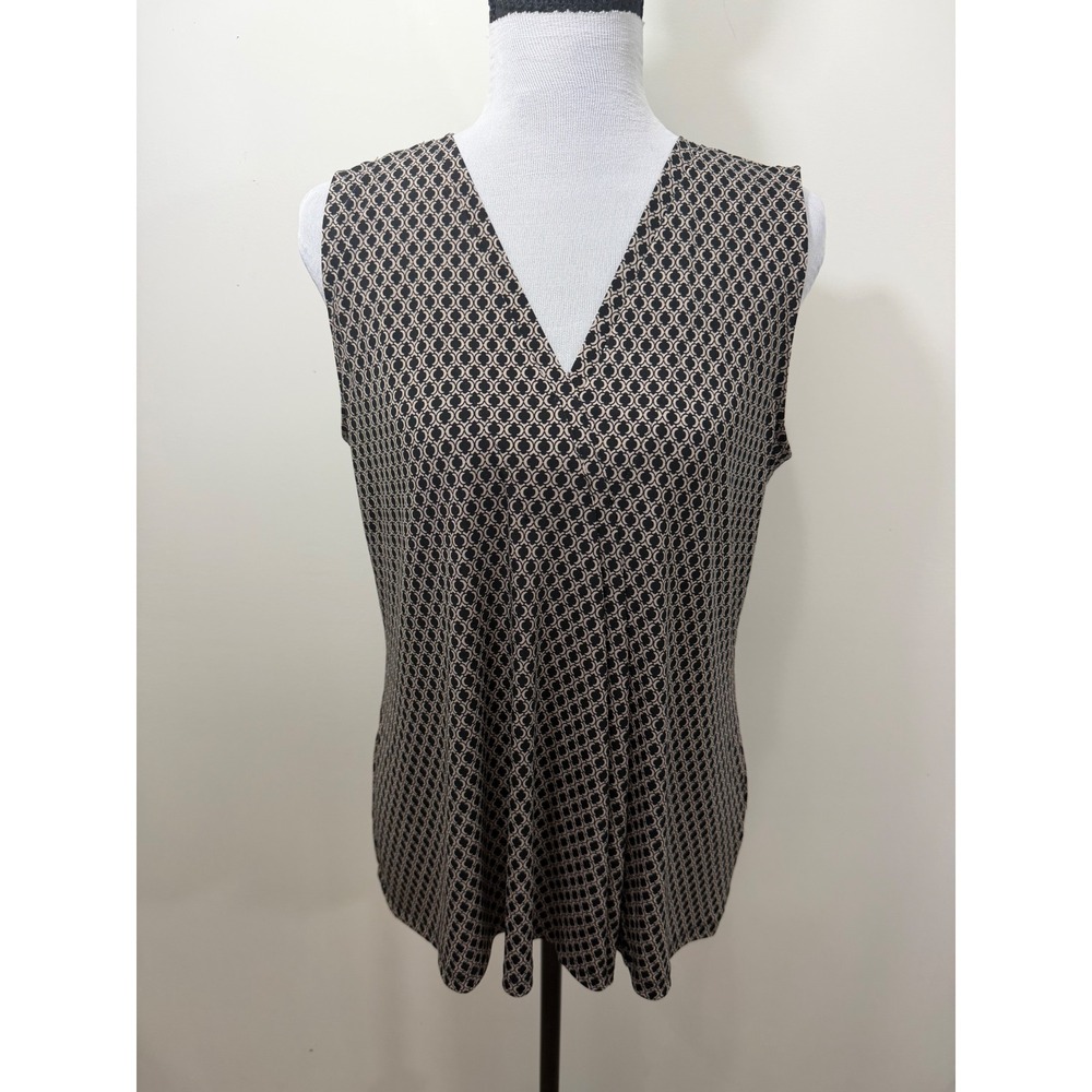 Dana Buchman Womens Geometric V-Neck Sleeveless Draped Front Blouse Tan Black M
